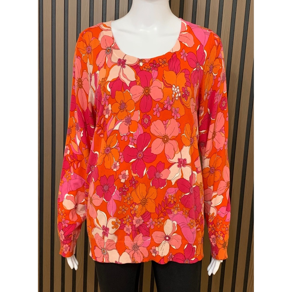 Talbots Women's Petite Orange Pink Floral Scoop Neck Long Sleeve Sweater LP
